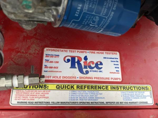 Rice TRH-10 Hydrostatic Test Pump 20 HP Honda 5000 PSI 4.5 GPM Runs Great!