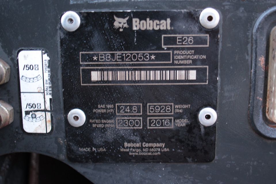 2016 Bobcat E26 Mini Excavator -- 1340 Hours -- Kubota Diesel