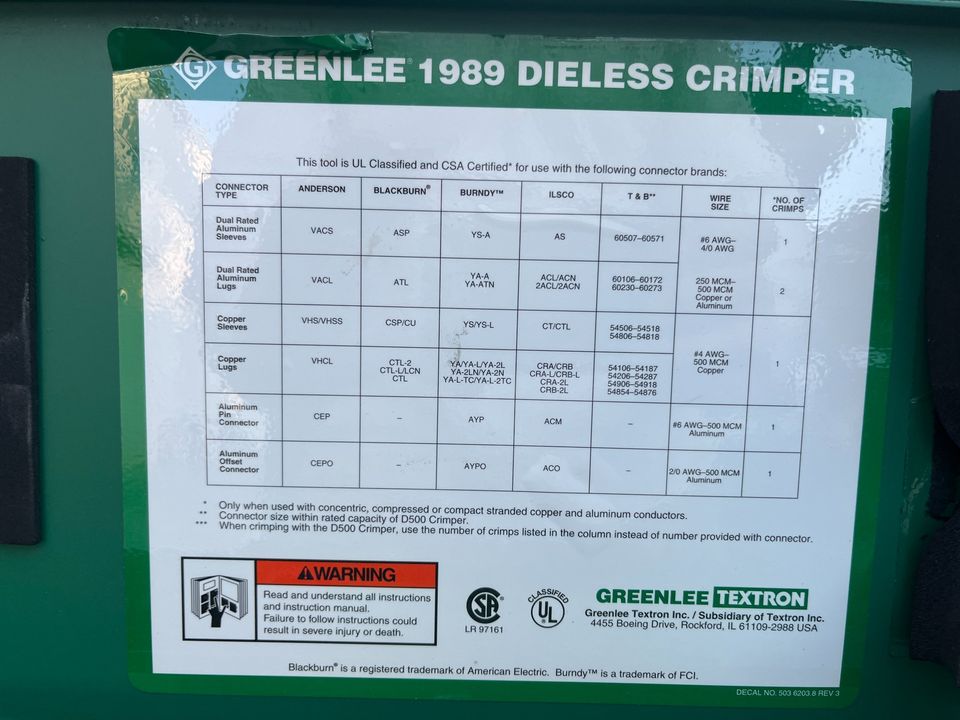 Greenlee 1989 Dieless Hydraulic Crimper